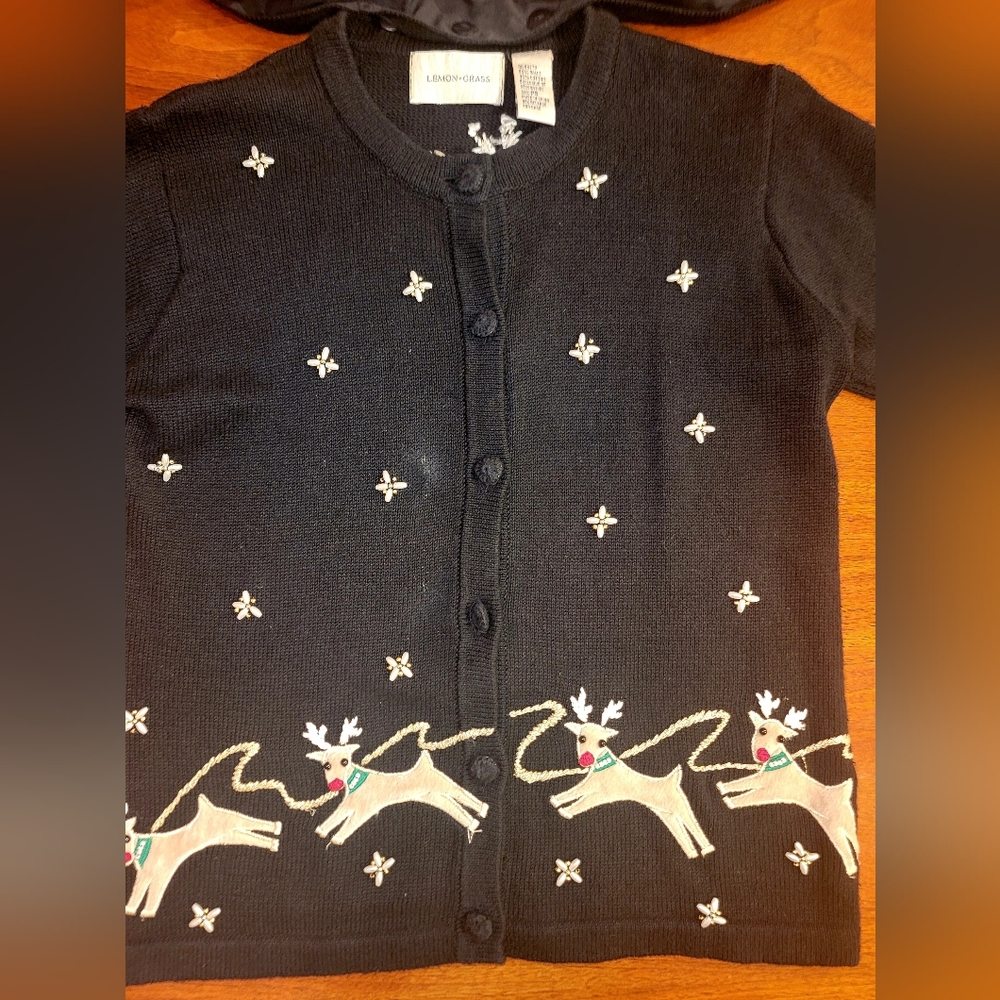 Vintage Lemon Grass "Rudolph" reindeer Cardigan Small Black Detach Scarf - Picture 5 of 16